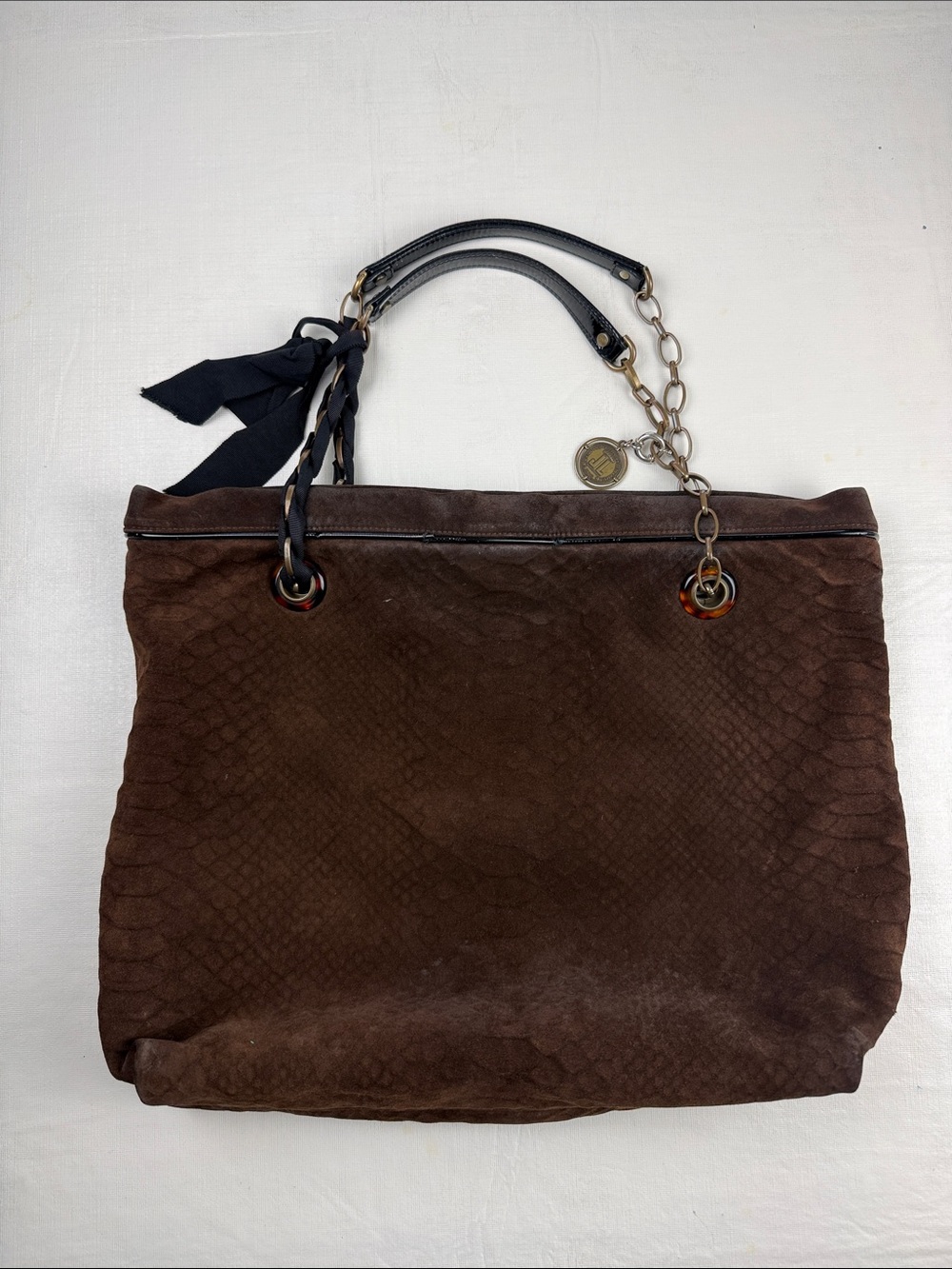 Lanvin Amalia Cabas Tote Brown Python-Print Suede Bag Patent Leather Brass Chain